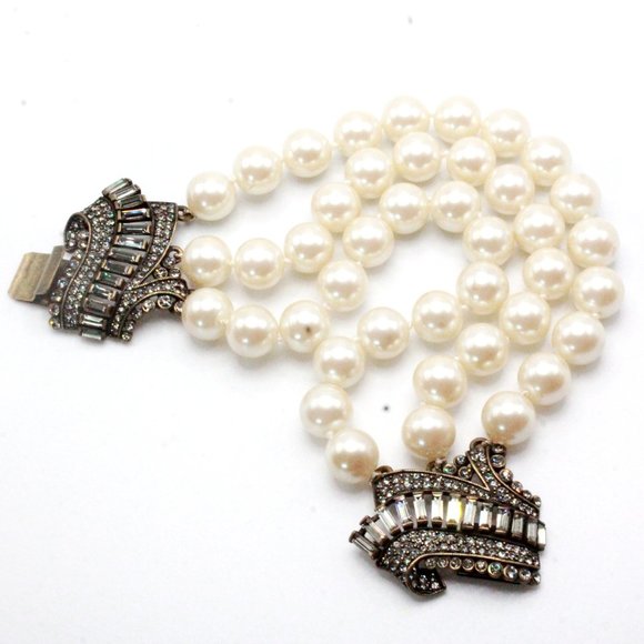 UTC China Faux Pearl Triple Strands Rhinestone Fancy Clasp Contemporary Bracelet - Picture 1 of 8